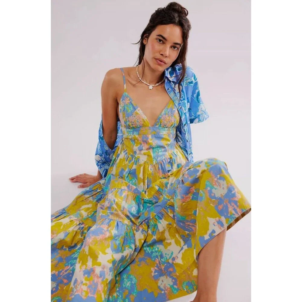 Free People Midi Dress Green Women Long Love Preppy Vacay Boho Retro Small New